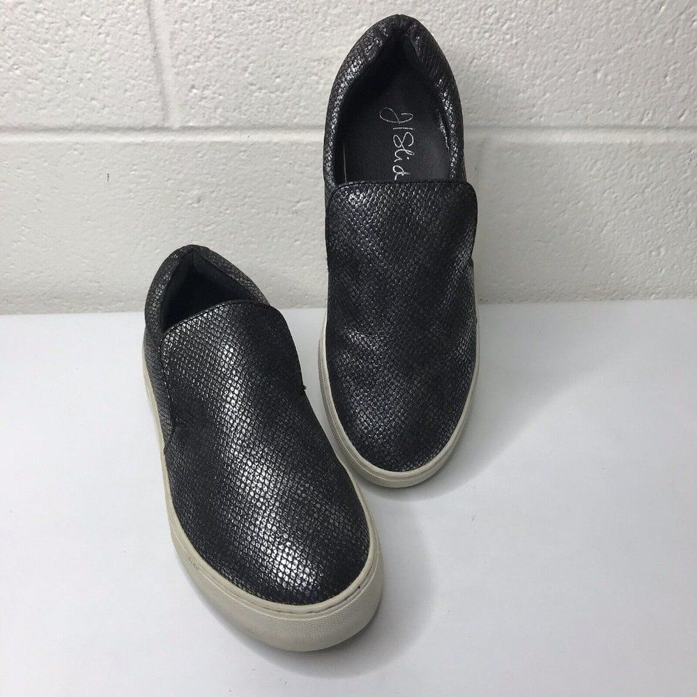J/Slides Womens Metallic Pewter/Black Reptile Slip-On Sneaker Size 6